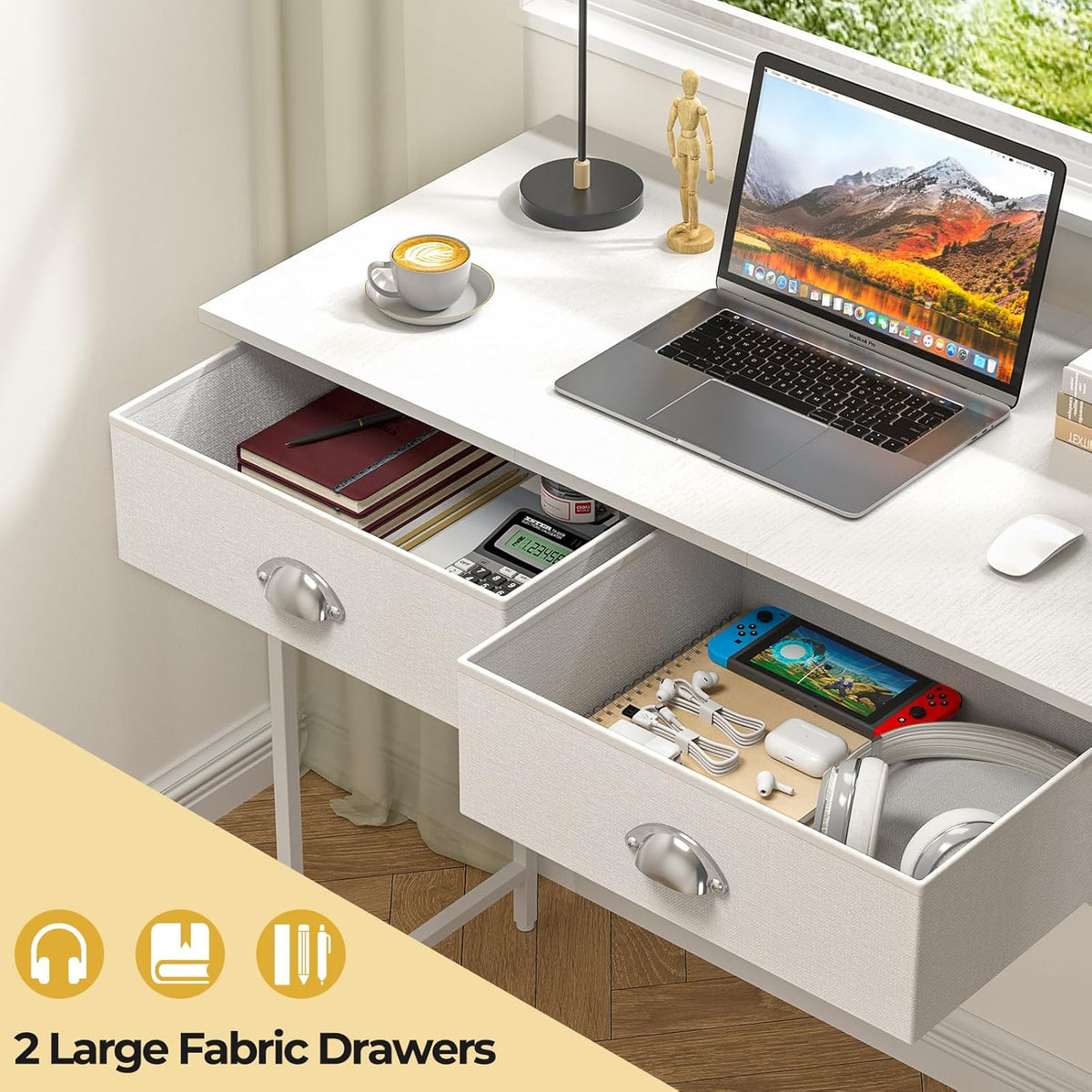 Small Writing Desk for Kids Bedroom, 31.5 Inch White Computer Desk for Small Spaces, Simple Desk with 2 Fabric Drawers for Home Office, Dorm, Living Room, Home Study Table, White