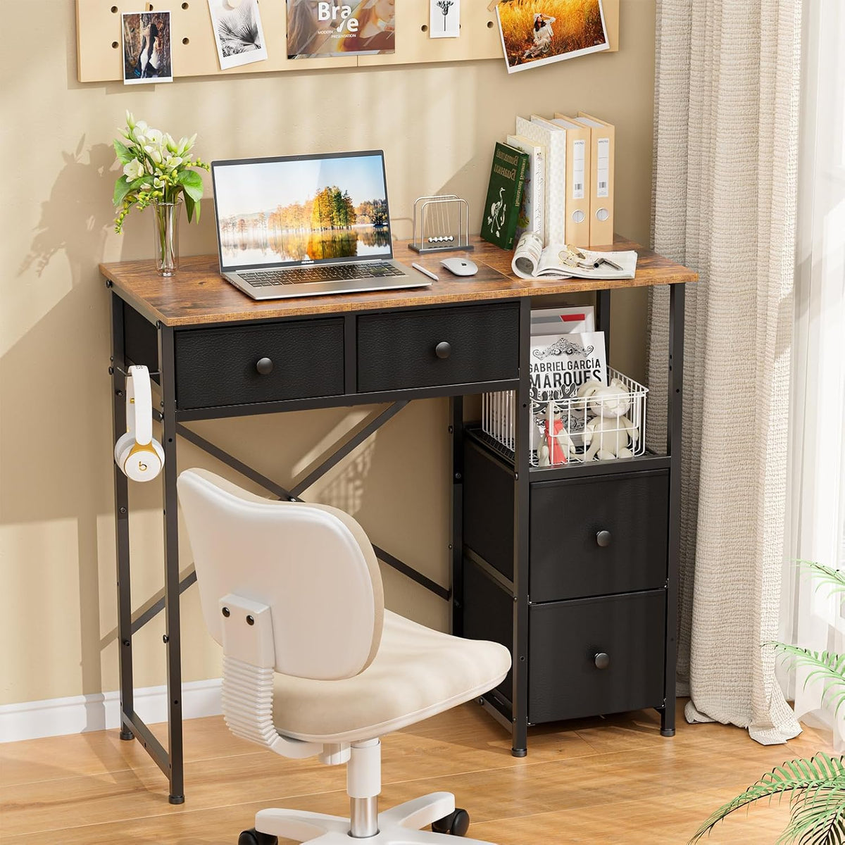 Small Computer Desk with 4 Fabric Drawers, Simple Writing Desk for Home Office, Compact Study Desks for Small Spaces, Kids Desk Study for Bedroom, Rustic Brown