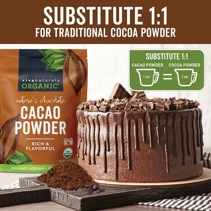organic unsweetened cacao powder 1 lb rich dark chocolate flavor vegan keto paleo non-gmo gluten-free