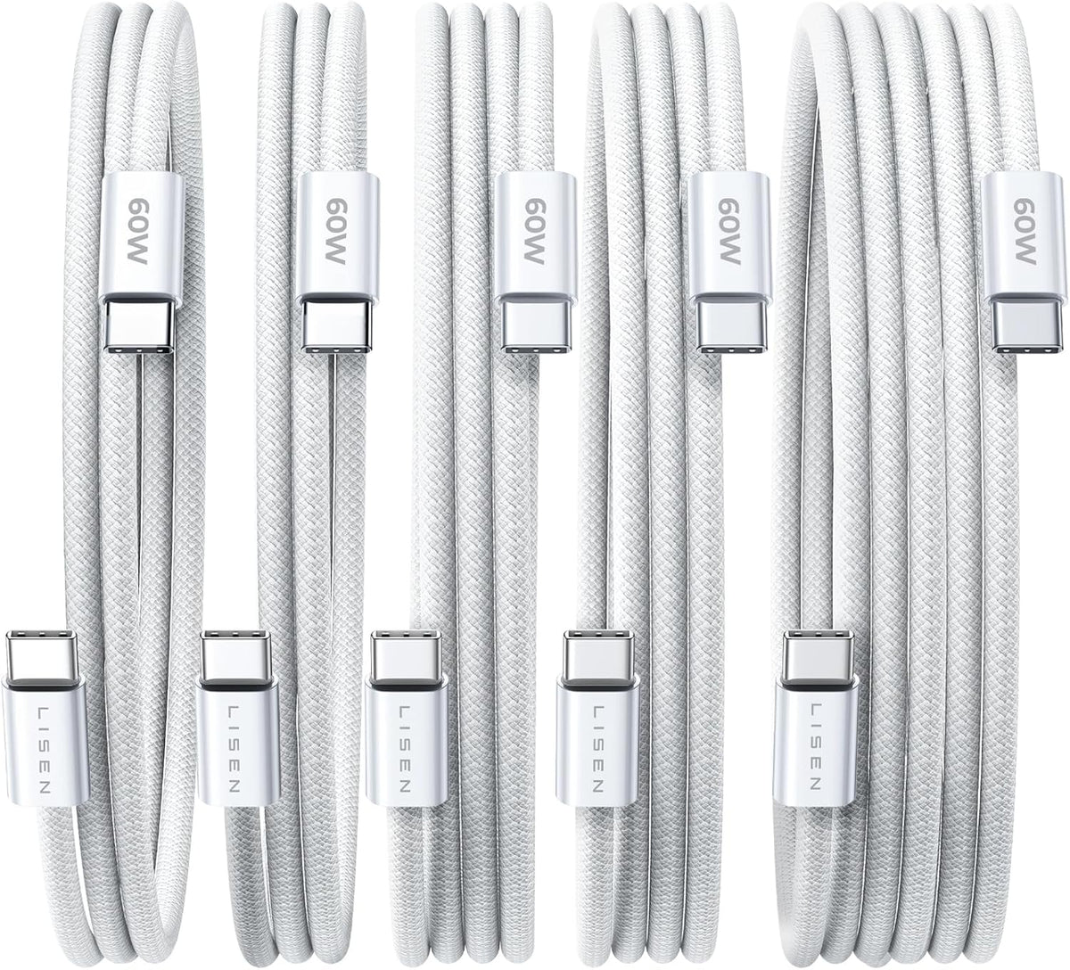 Lisen 5-pack usb c to c cable, 60w fast charging, 10ft for iphone 17, ipad, galaxy s25/s24
