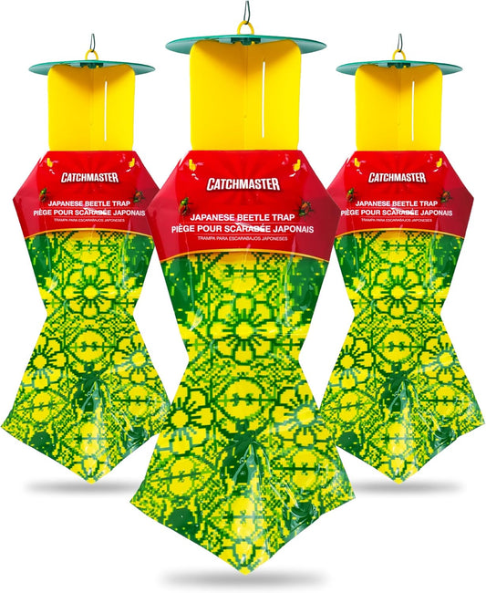 Catchmaster Japanese Beetle Traps Outdoor 3PK, Flying Insect Trap Bag with Lid & Dual Pheromone Food Lure, Hanging Bug Catcher Pest Control for Backyard & Garden, Plants, Trees, Vegetables & Flowers