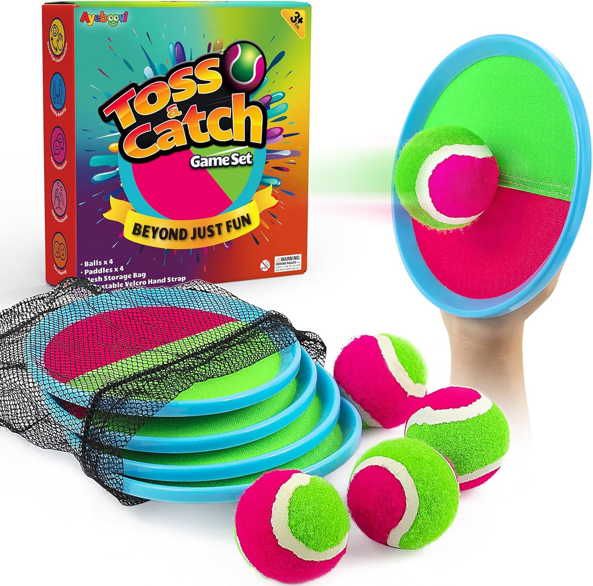 Ayeboovi Toss and Catch Ball Set Boys Toys Outdoor Toys Yard Games Outside Games Beach Toys for Kids Ball and Catch Game with 4 Paddles and 4 Balls [Upgraded Version]