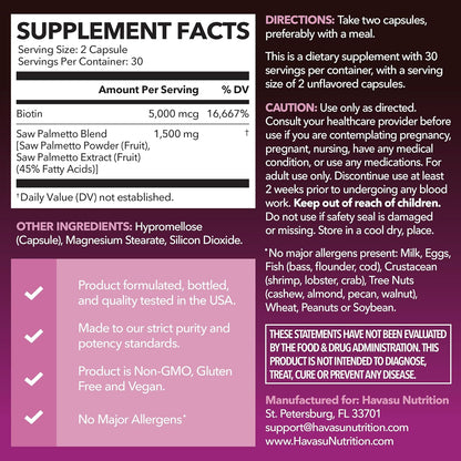 Saw Palmetto for Women with Biotin 5000mcg - Powerful DHT Blocker to Support Hair, Skin, and Nail Health - 60 Count - Vegan, Non-GMO Vitamin for Stronger, Fuller Looking Locks - 1 Month Supply