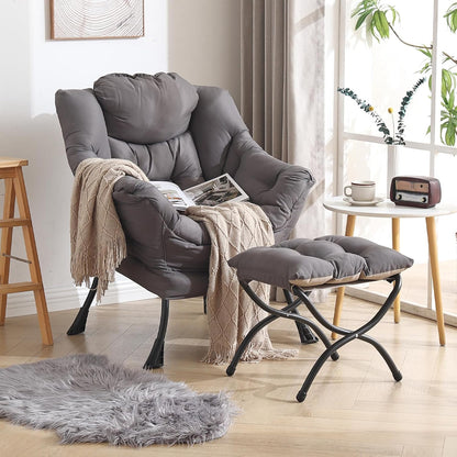 Welnow Lazy Chair with Ottoman, Modern Lounge Accent Chair with Armrests and a Side Pocket, Leisure Sofa Armchair, Reading Armchair with Footrest for Small Space, Dark Grey