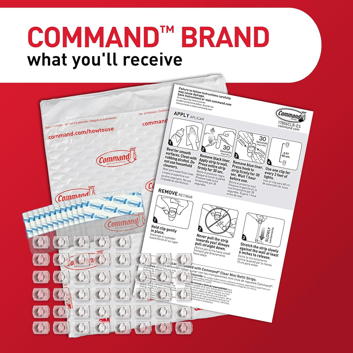 Command Indoor Mini Light Clips, 45 Clear Clips and 54 Command Strips, Damage Free Hanging Christmas Decorations, Wall Clips for Hanging Lights and Cable Management, Holds up to 0.3 lb