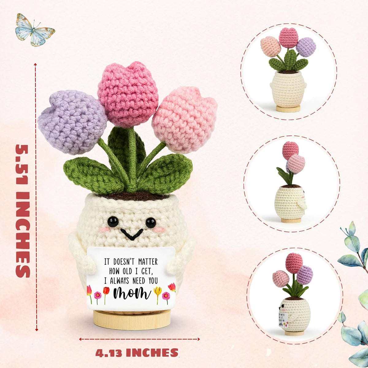 Gifts for Mom from Daughter Son - Cute Mothers Day, Birthday Gifts for Moms, Mother, Mama - 5.51'' x 4.13'' Mother's Day Knitted Positive Tulip Flowers Mom Crochet Doll