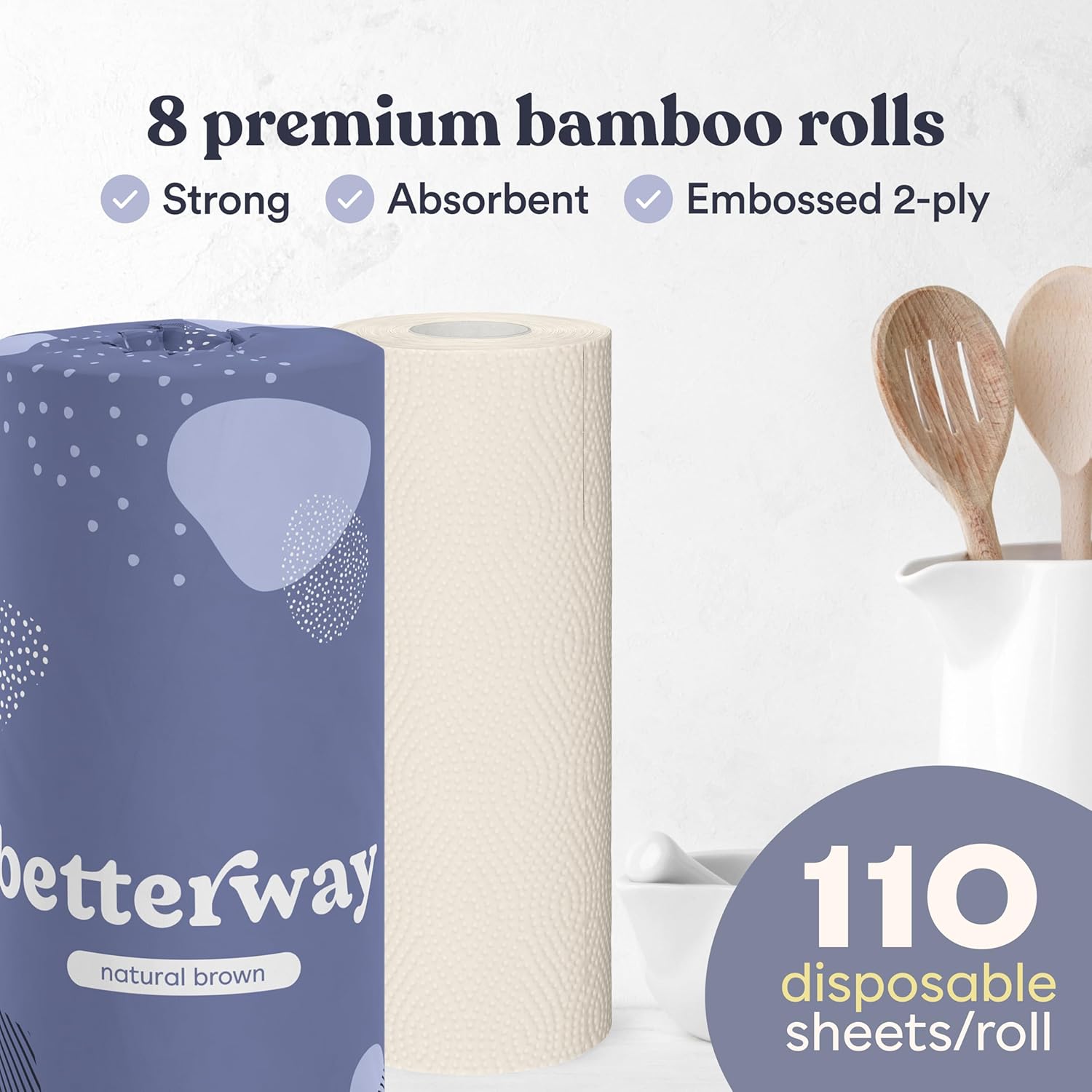 Betterway Bamboo Natural Brown Paper Towels - 8 Rolls, 2 Ply, 110 sheets - Plastic Free, PFAS Free, Disposable Kitchen Paper Towels - Select Size, Tree Free, Compostable, Strong & Absorbent - Zynora
