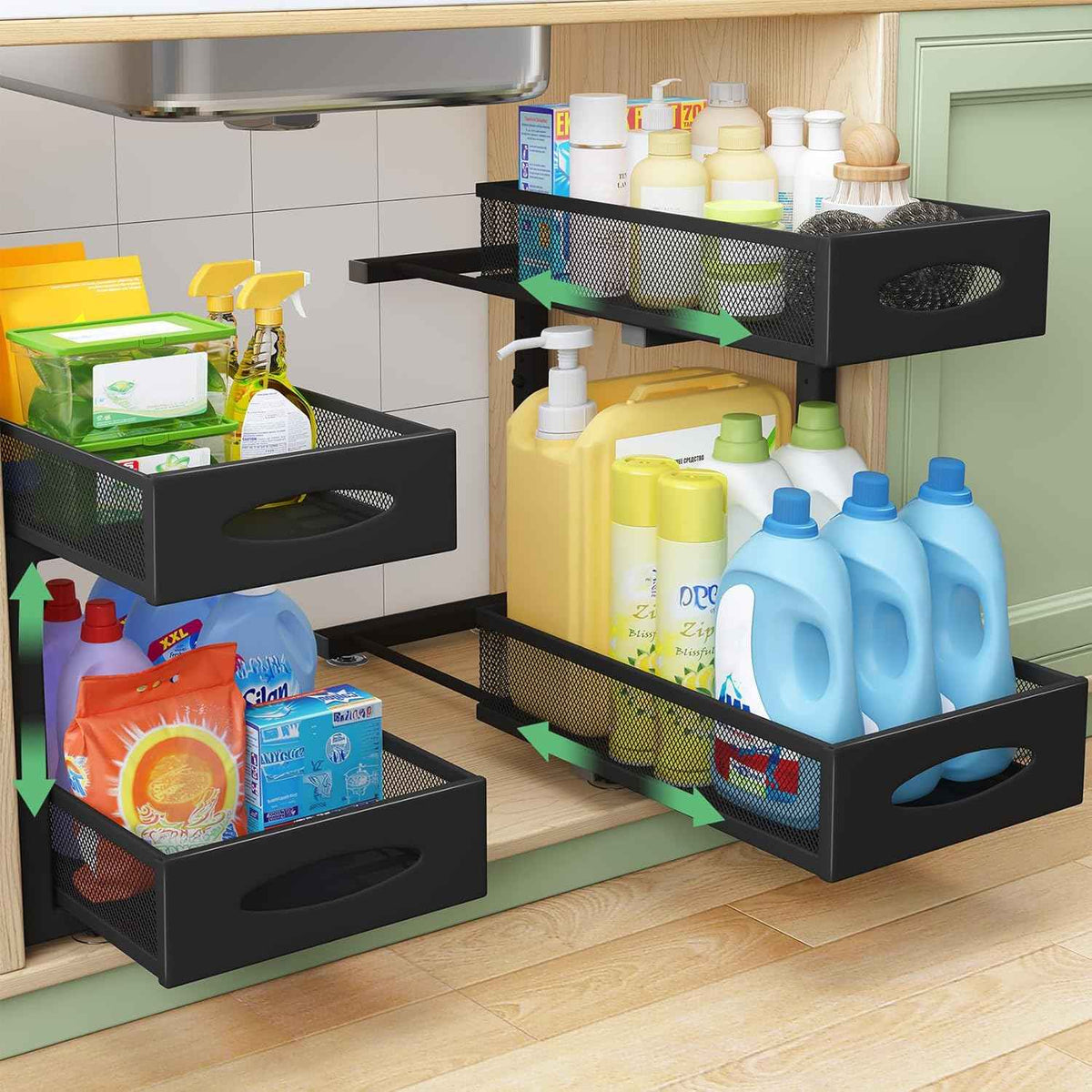 stainless steel under sink organizer with 2 tier pull out cabinet basket mesh sliding drawers