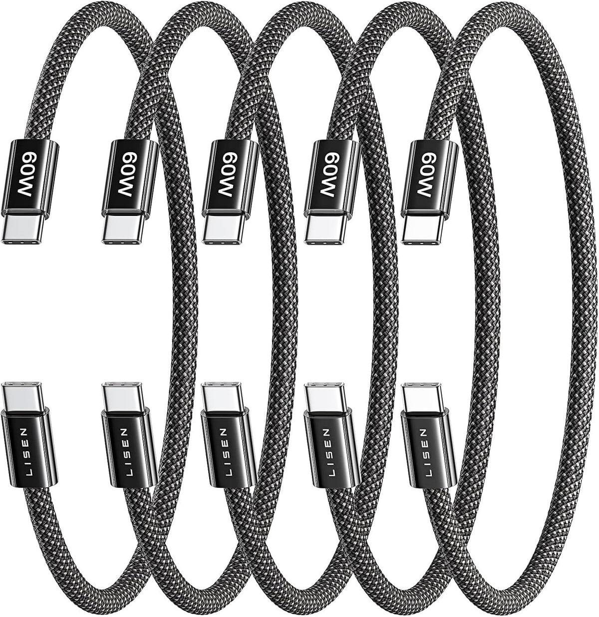 Lisen 5-pack usb c to c cable, 60w fast charging, 10ft for iphone 17, ipad, galaxy s25/s24