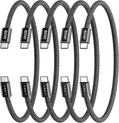 Lisen 5-pack usb c to c cable, 60w fast charging, 10ft for iphone 17, ipad, galaxy s25/s24