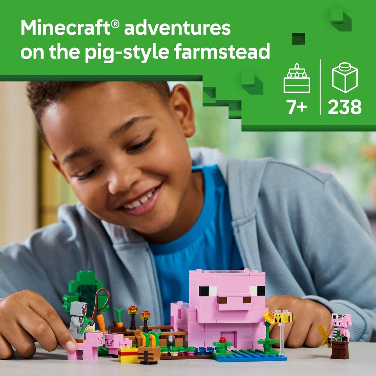 LEGO Minecraft The Baby Pig House Toy Figures and Playset - Building Minecraft Toy for Kids, Boys and Girls, Ages 7+ - Gift for Birthdays - with 2 Minifigures for Pretend Play - 21268