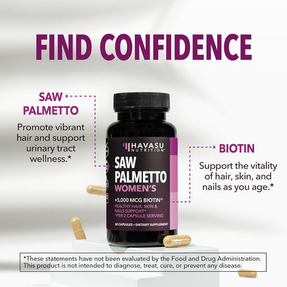 Saw Palmetto for Women with Biotin 5000mcg - Powerful DHT Blocker to Support Hair, Skin, and Nail Health - 60 Count - Vegan, Non-GMO Vitamin for Stronger, Fuller Looking Locks - 1 Month Supply