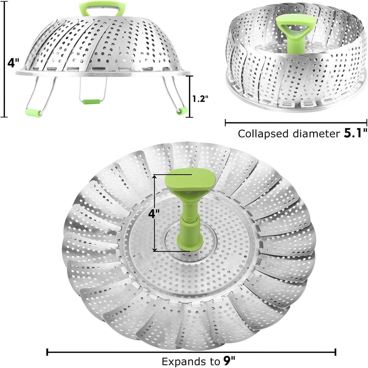 Consevisen Vegetable Steamer Basket for Cooking Food, Stainless Steel Veggie Steam Basket for Pot, Folding Expandable Steaming Insert with Extendable Handle Fits Various Size Pot, 5.1" to 9"