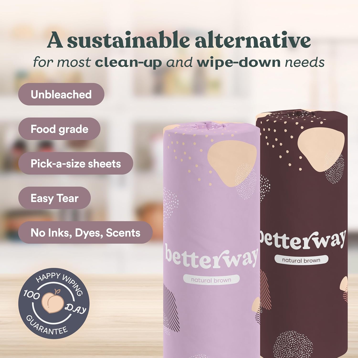 Betterway Bamboo Natural Brown Paper Towels - 8 Rolls, 2 Ply, 110 sheets - Plastic Free, PFAS Free, Disposable Kitchen Paper Towels - Select Size, Tree Free, Compostable, Strong & Absorbent - Zynora