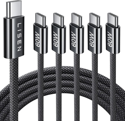 Lisen 5-pack usb c to c cable, 60w fast charging, 10ft for iphone 17, ipad, galaxy s25/s24