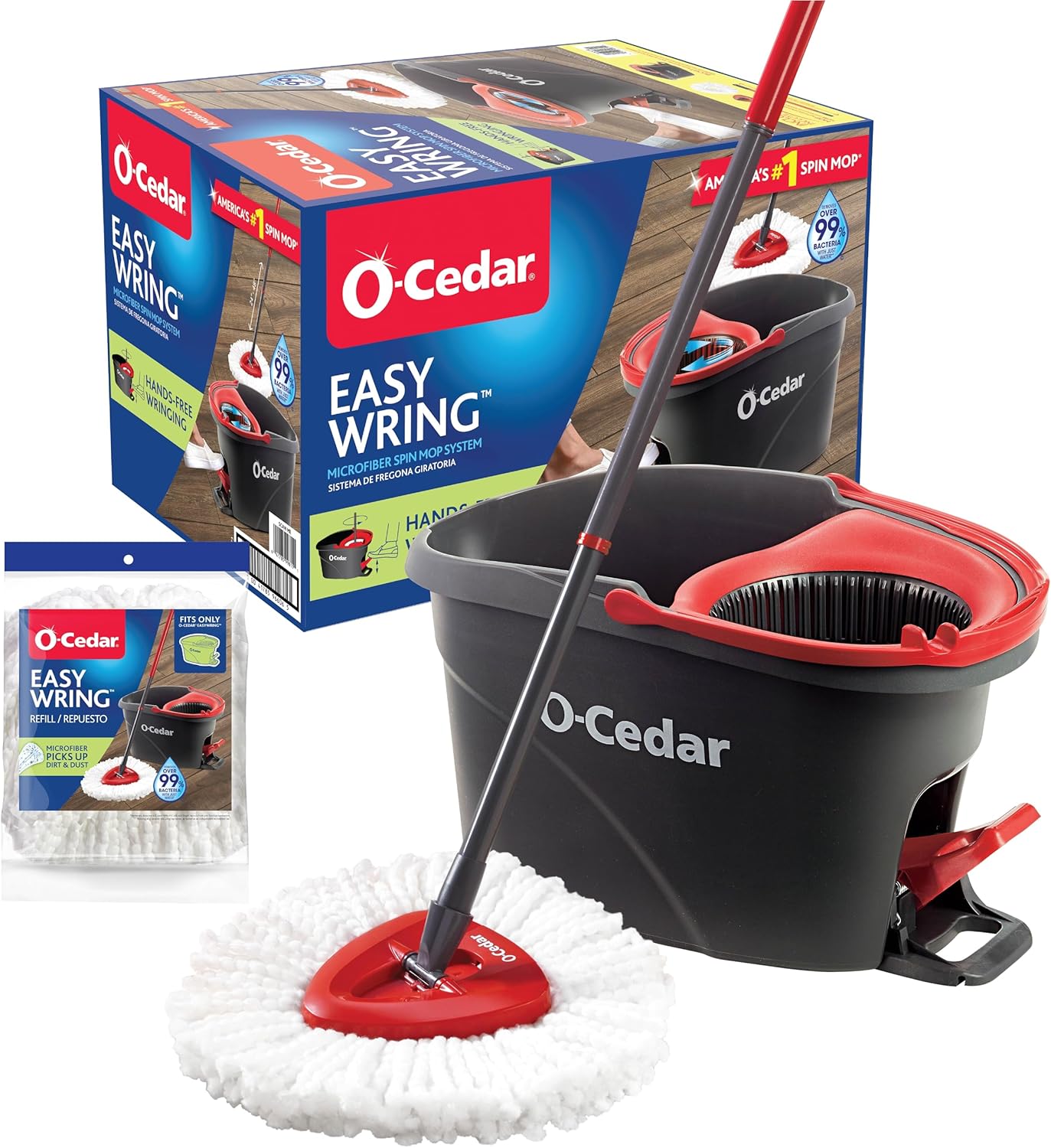 O-Cedar EasyWring Microfiber Spin Mop, Bucket Floor Cleaning System, Red, Gray, Standard - Zynora