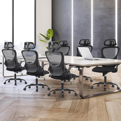 Sweetcrispy Office Computer Desk Chair, Ergonomic High-Back Mesh Rolling Work Chairs with Wheels and Adjustable Headrests, Comfortable Lumbar Support, Comfy Flip-up Arms for Home,Bedroom,Study, Black