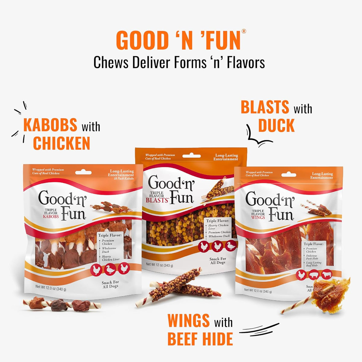 Good ‘n’ Fun Triple Flavor Kabobs Chews for All Dogs, 24 Ounces, Treat Your Dog to Chews Made from Beef Hide, Real Chicken, Pork Hide, Duck and Chicken Liver