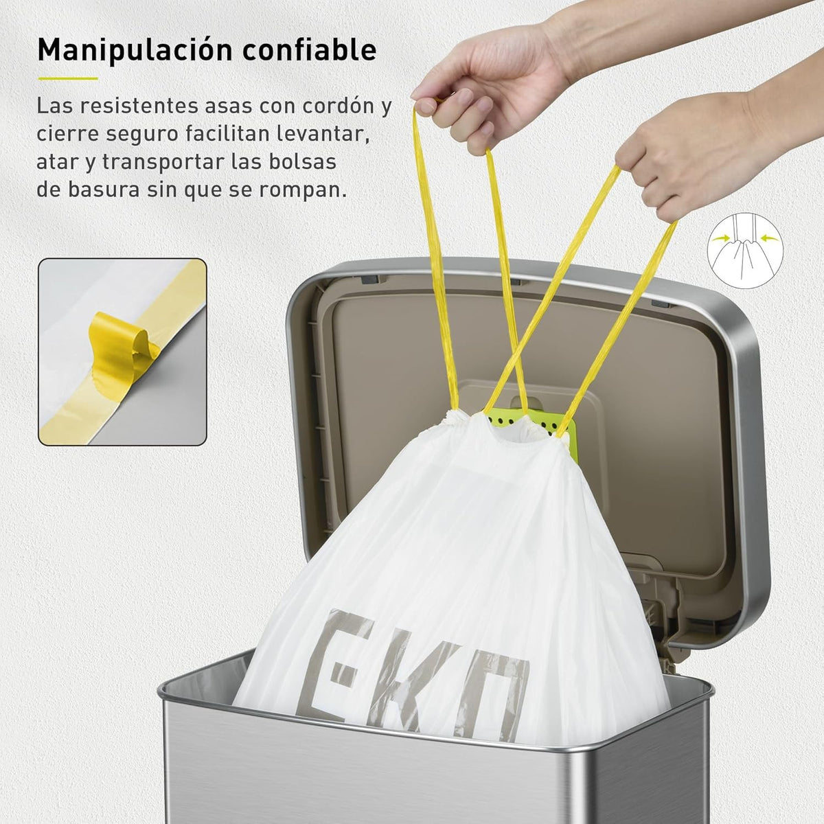 EKO 21 Gallon / 50-90 Liter, 60 Count Drawstring Trash Bags, Extra-Strong Unscented Garbage Bags, Easy-Dispense Roll for Kitchen & Household Use, Code G, White