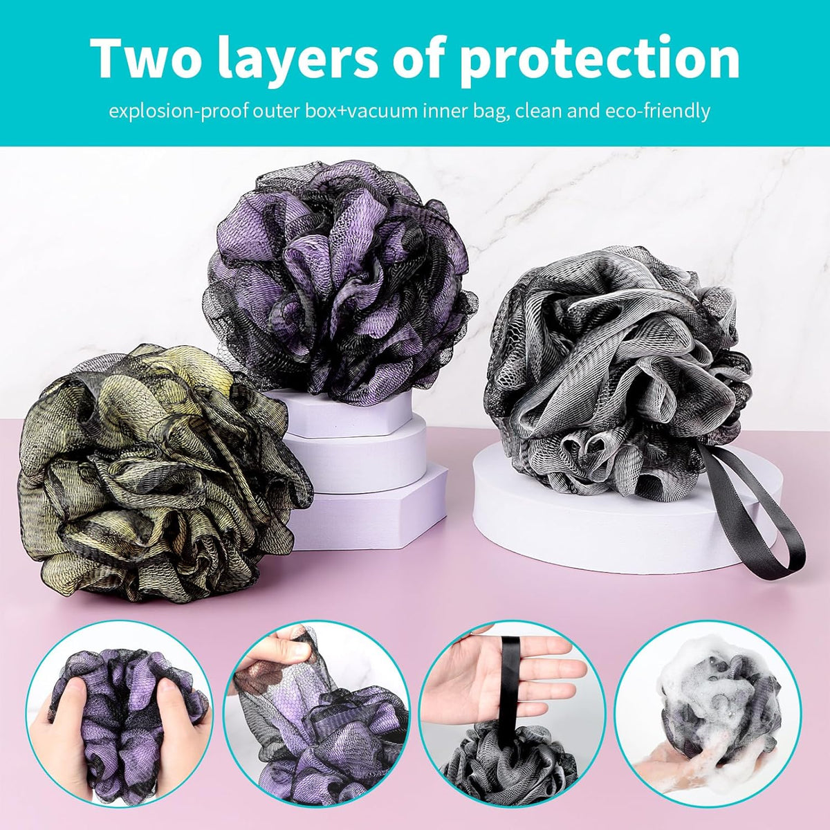 Dark Elf Bath Loofahs Soft Mesh Shower Sponge Body Back Scrubber for Women & Men - Pack of 4