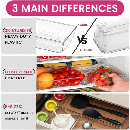 Criusia Large Drawer Organizer Bins 26 Pack | Complete 5 Size Clear Plastic Kitchen Drawer Organizers for Utensils | Bathroom Drawer Organizer Trays | Versatile for Makeup Office Organization