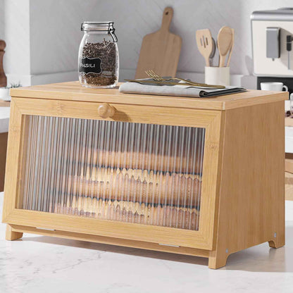 Kitsure Bread Box - Wooden Bread Box for Kitchen Countertop, Large Capacity Kitchen Countertop Organizer, Stylish Bread Storage with Window, Multi-functional Container, Black, 15.0"x8.3"x9.1" (1T)