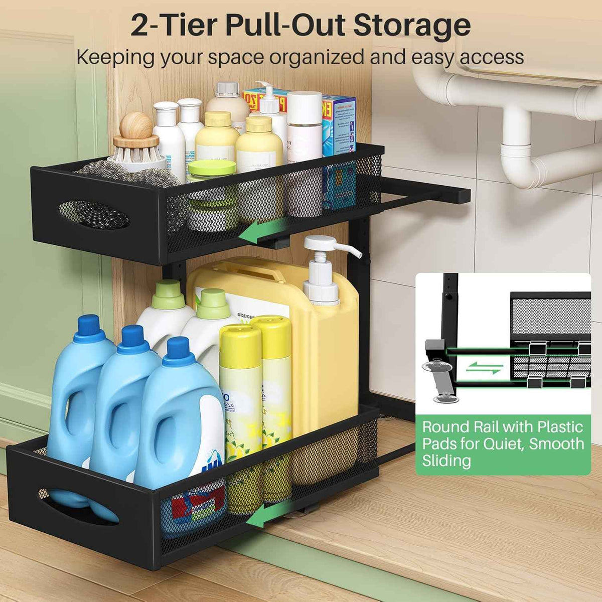 stainless steel under sink organizer with 2 tier pull out cabinet basket mesh sliding drawers