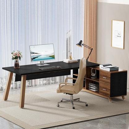 Tribesigns 78.7-Inch Executive Desk, L-Shaped Desk with 55-Inch Cabinet, Large Office Desk with Storage Shelves, Modern Computer Desk for Home Office, Black & Walnut