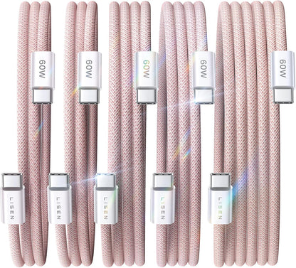 Lisen 5-pack usb c to c cable, 60w fast charging, 10ft for iphone 17, ipad, galaxy s25/s24