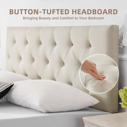 Linen Fabric Upholstered Headboard Queen Size, Modern Diamond Tufting Solid Wood Queen Headboard Only, Adjustable Height from 37” to 51” Head Board, Bed Frame or Wall Mount Headboards, Beige