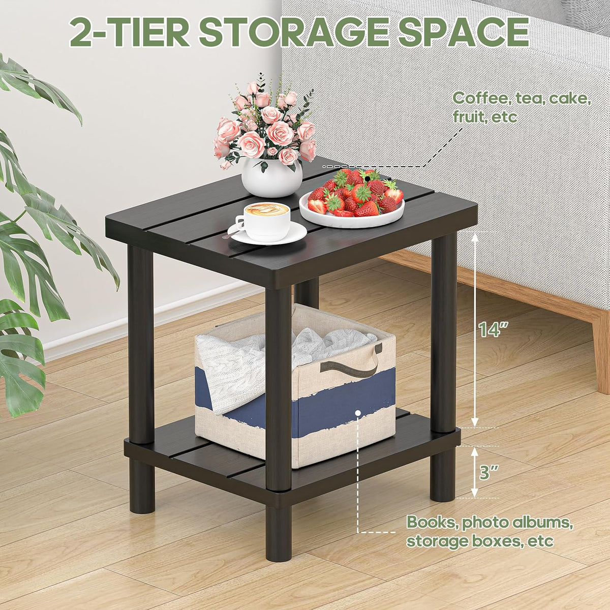 Outdoor Side Table, 2-Tier Small Outdoor Table for Patio, Adirondack Side Tables for Outside or Indoor, Bamboo End Table for Pool, Porch, Weather Resistant Easy Maintenance-Black
