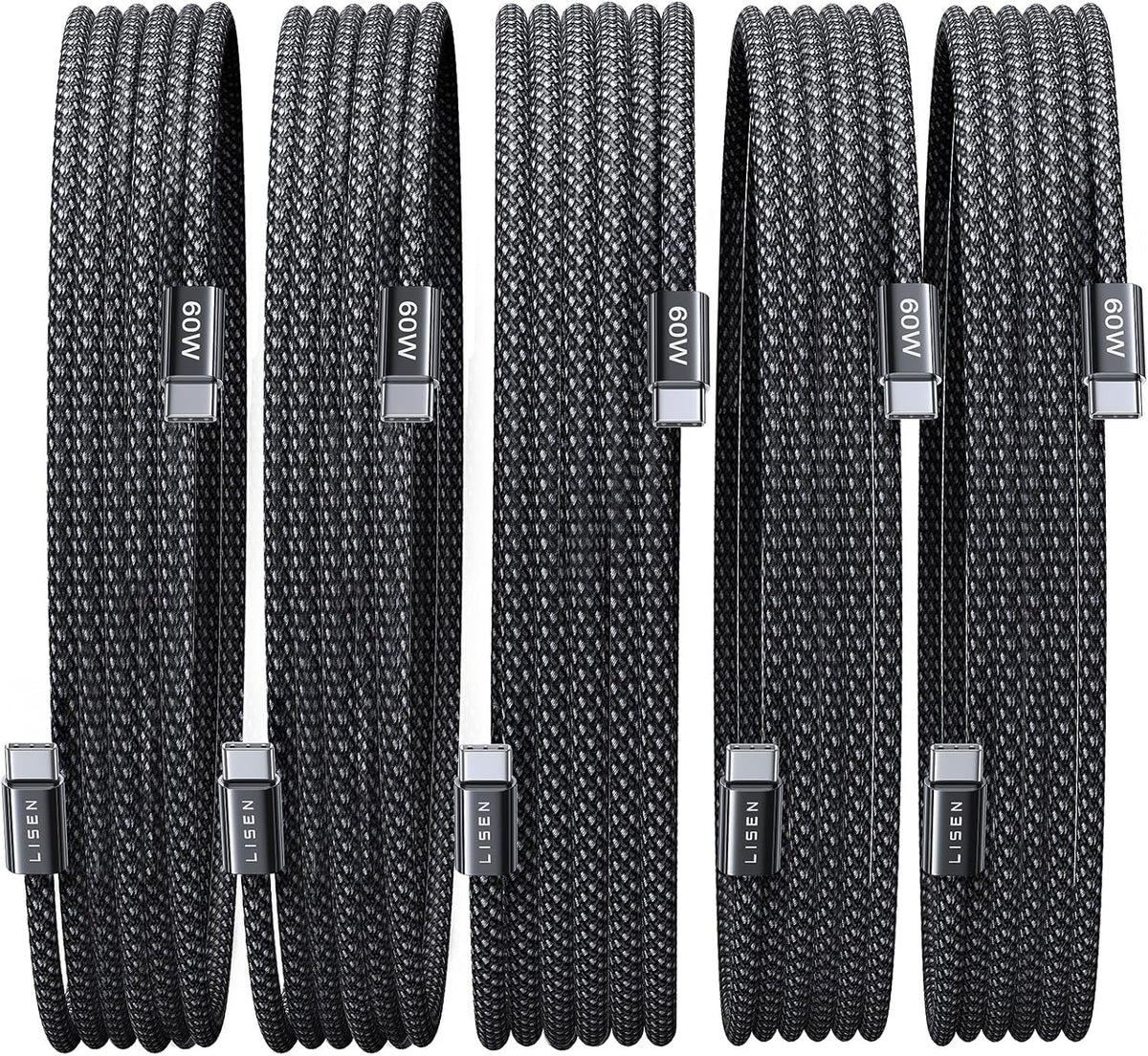 Lisen 5-pack usb c to c cable, 60w fast charging, 10ft for iphone 17, ipad, galaxy s25/s24