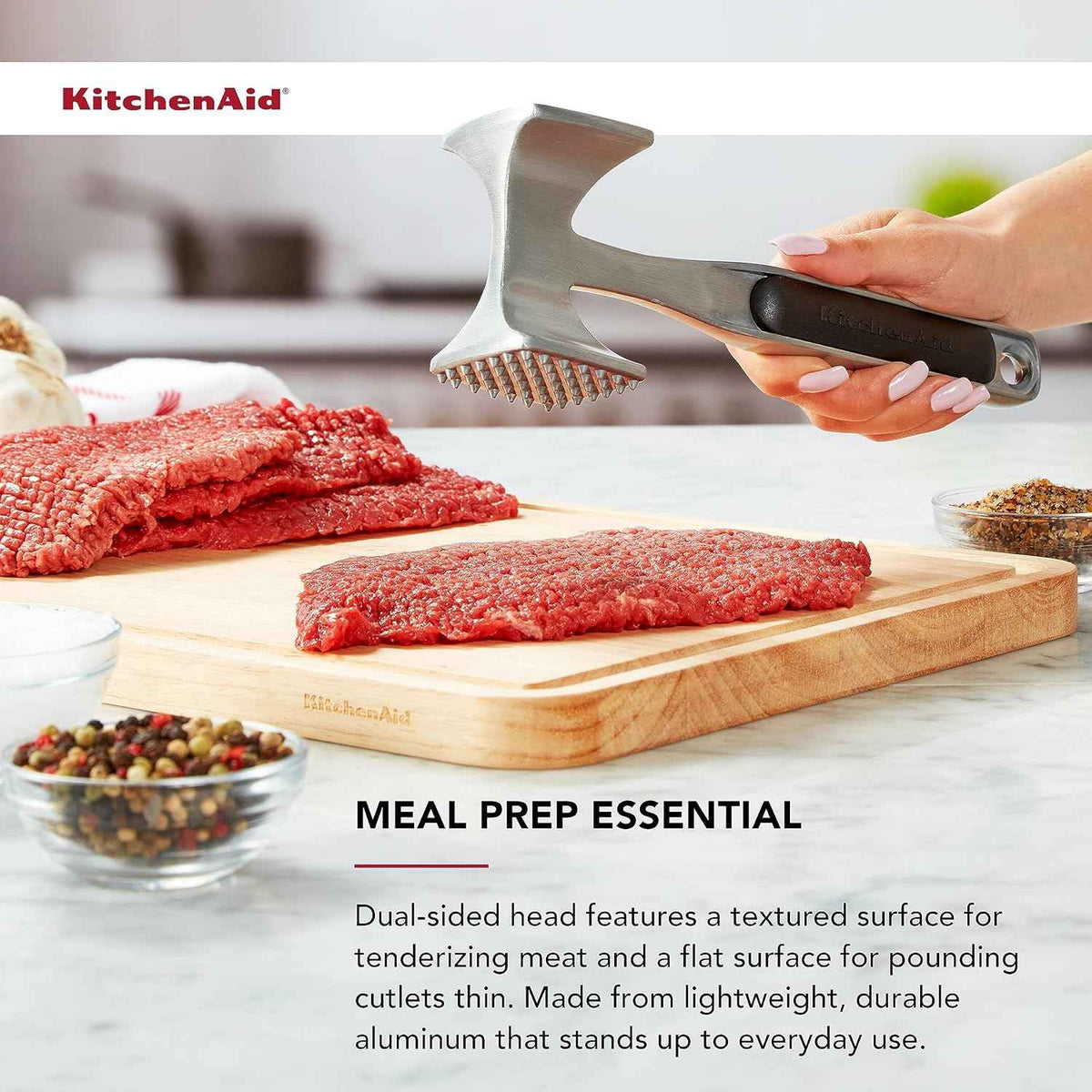 KitchenAid Gourmet Multi Sided Meat Tenderizer for Pounding Meats, Nuts, Shellfish, ect, Hang Hole for Easy Storage, Hand Wash, One Size, Black