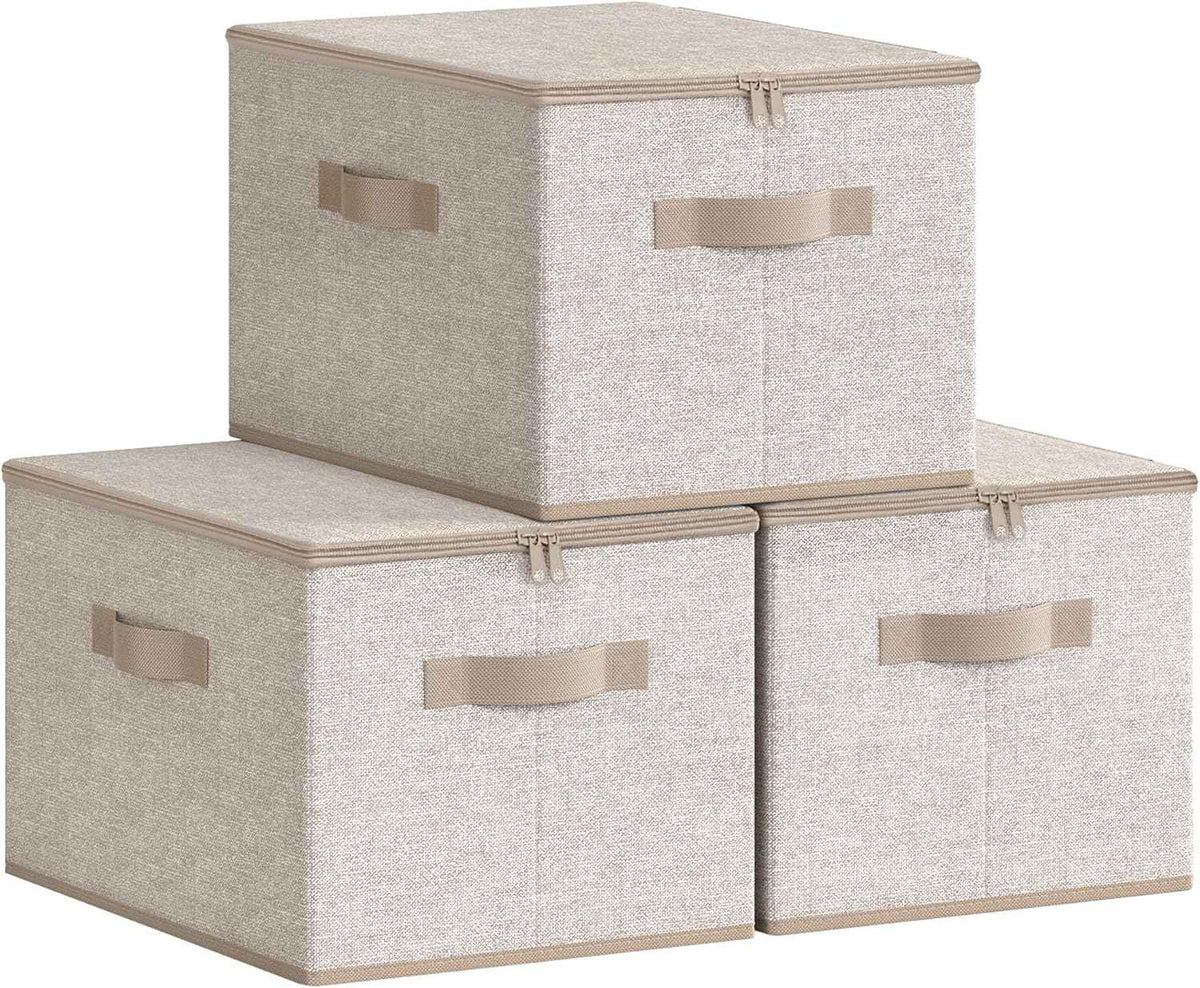 SONGMICS Foldable Storage Organizer Boxes, Set of 3 Storage Basket Bins with Lids, Handles, Clothes Organizer, 15.7 x 11.8 x 9.8 Inches, Non-Woven Fabric, Summer Sand URZB003K01