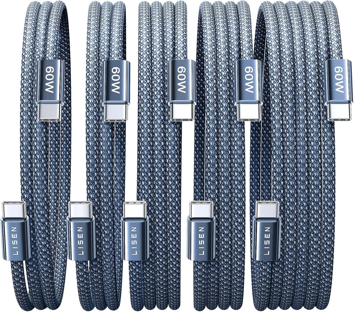 Lisen 5-pack usb c to c cable, 60w fast charging, 10ft for iphone 17, ipad, galaxy s25/s24