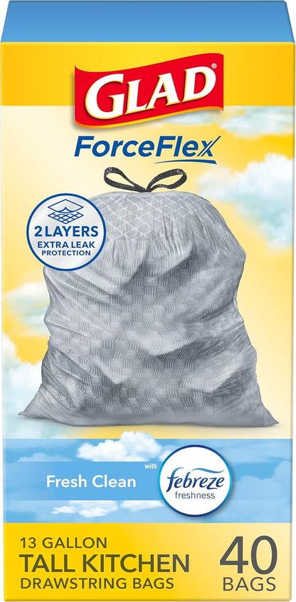 Glad ForceFlex 13-gallon tall kitchen trash bags, 40 count, gain fresh clean scent