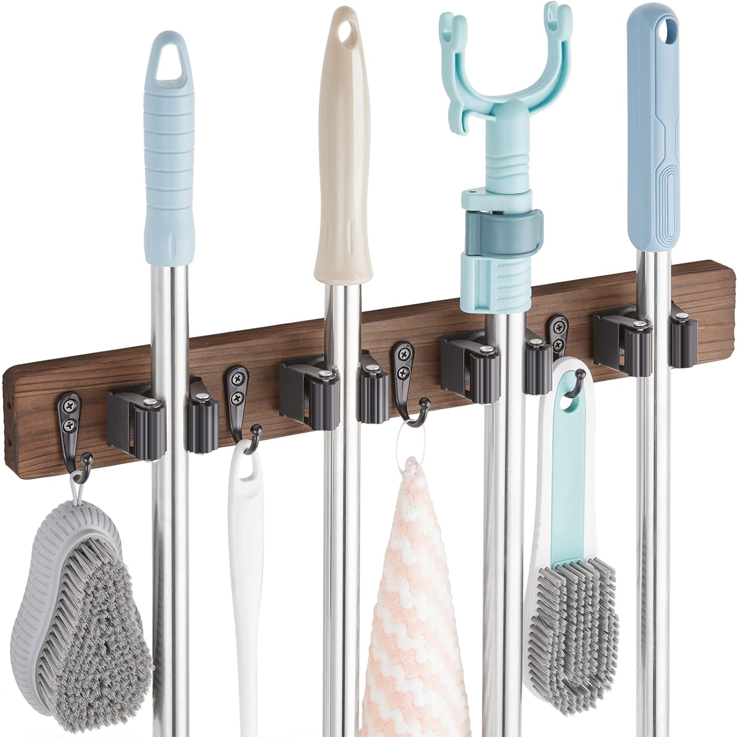 Rustic wood mop and broom holder wall mount