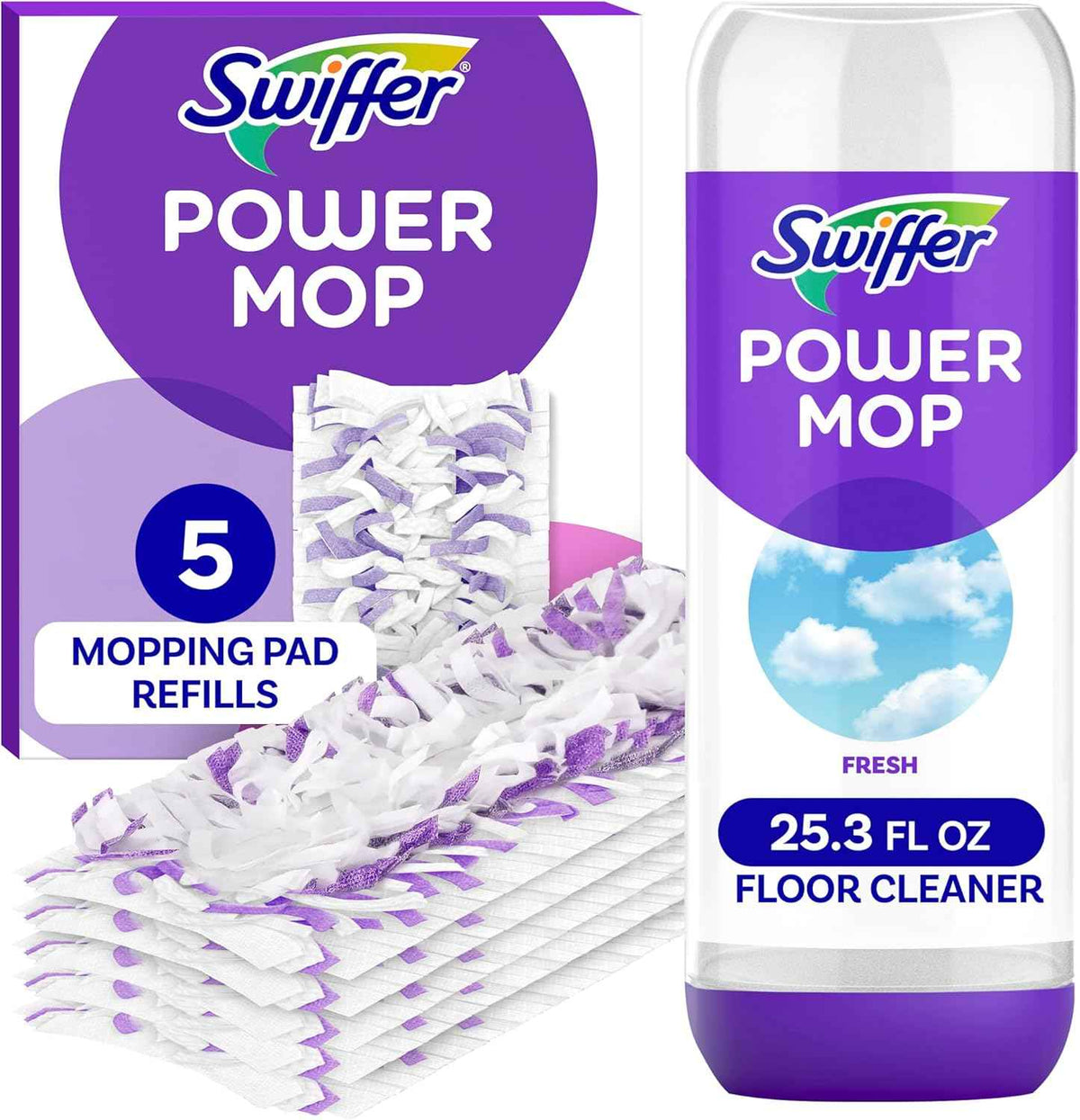 Swiffer Power Mop Refill Pack with 5 Pads and Lavender Cleaning Solution for Multi-Surface Floor Cleaning
